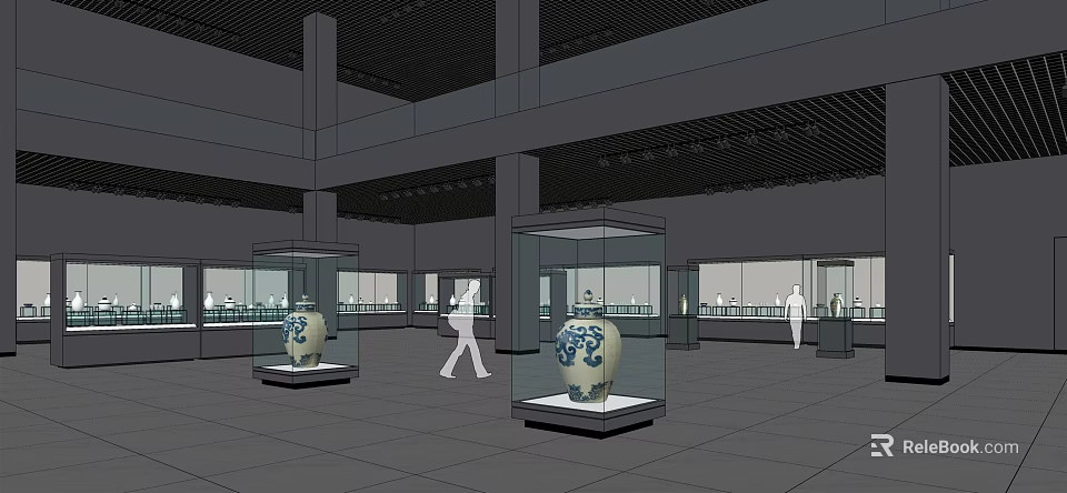 Spacious Cultural Center Interior With Glass Display Cases Blue White Ceramics And Visitors 3d model 