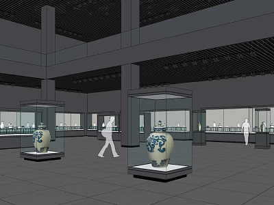 Spacious Cultural Center Interior With Glass Display Cases Blue White Ceramics And Visitors 3d model