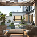 Traditional Modern Courtyard Garden With Pavilion Water Feature Greenery And Stone Pathway Design