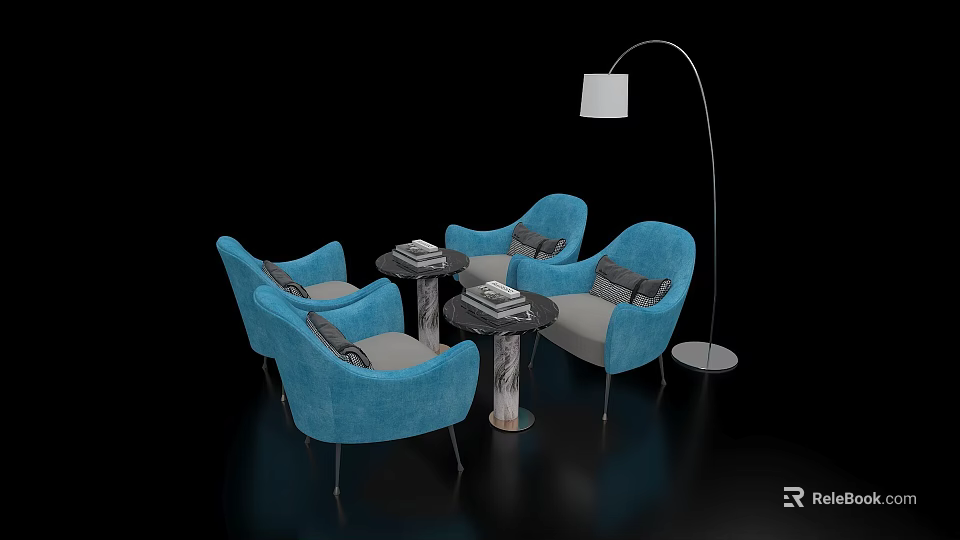 Elegant Negotiation Table and Blue Upholstered Chairs with Marble Tabletop and Floor Lamp 3d model 