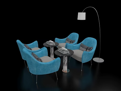 Elegant Negotiation Table and Blue Upholstered Chairs with Marble Tabletop and Floor Lamp 3d model