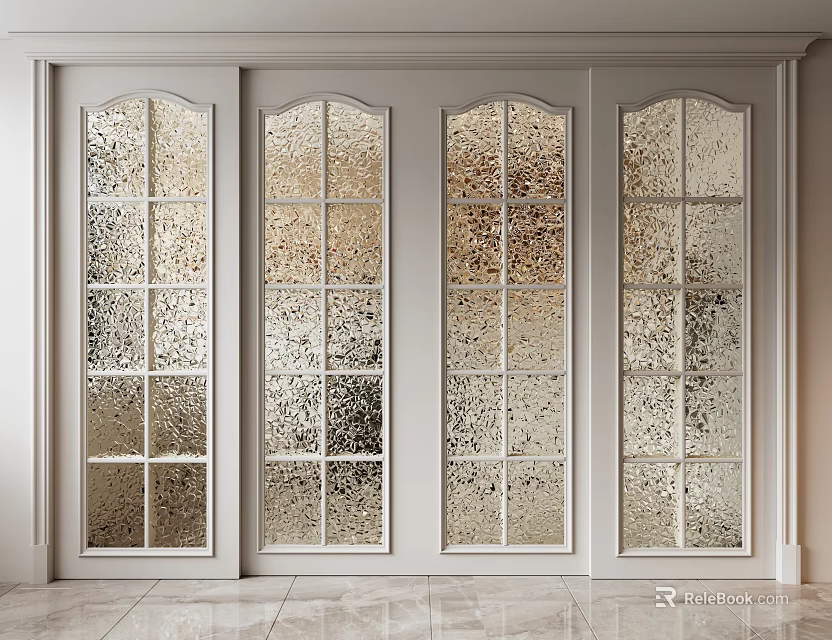 Elegant Sliding Doors with White Frame and Textured Glass Panels in Interior Design 3d model 