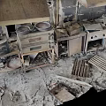 Burned Kitchen After Fire With Charred Cabinets Ovens Stoves Damaged Walls Ceilings And Debris