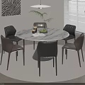 Modern Round Dining Table with Marble Top Black Leather Chairs Rug Pendant Light Potted Plant