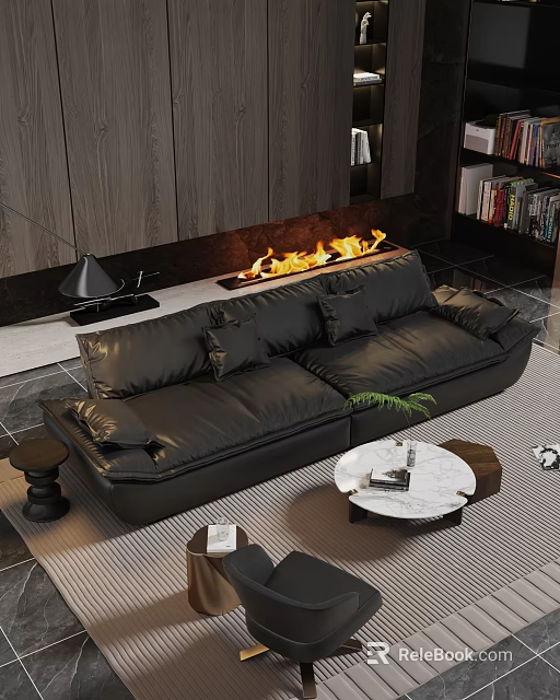Modern Living Room Interior Design With Leather Sofa Marble Coffee Table And Fireplace Decor 3d model 