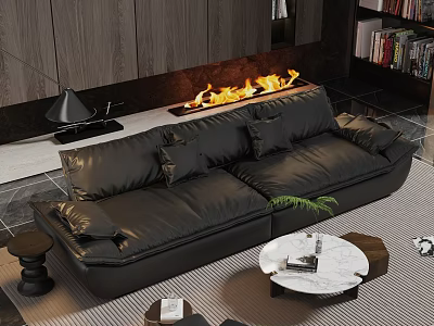 Modern Living Room Interior Design With Leather Sofa Marble Coffee Table And Fireplace Decor 3d model