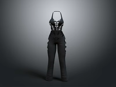 Black High Waisted Flared Jumpsuit With Lace Up Front And Ruffled Details 3d model
