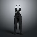 Black High Waisted Flared Jumpsuit With Lace Up Front And Ruffled Details