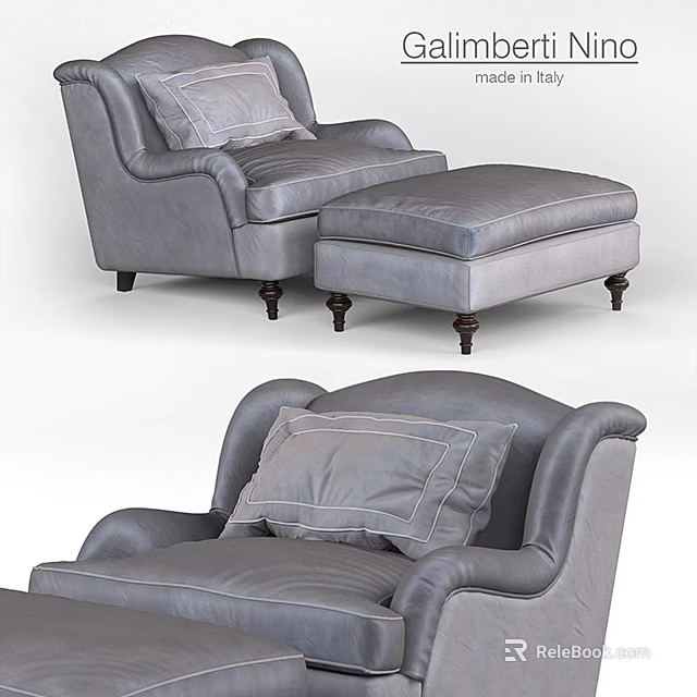 Gray Leather Lounge Chair With Matching Ottoman Plush Pillow Curved Armrest And Wooden Legs 3d model 