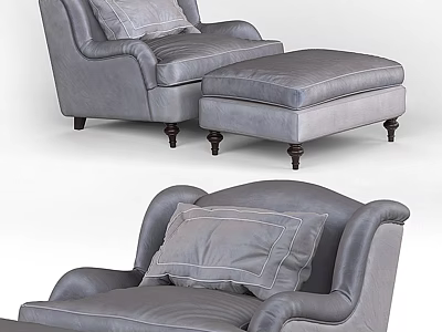 Gray Leather Lounge Chair With Matching Ottoman Plush Pillow Curved Armrest And Wooden Legs 3d model
