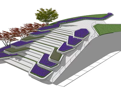 Commercial Landscape Design With Terraced Steps Purple Flowers And Green Trees 3d model