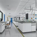 Modern Laboratory Interior With White Lab Benches Hanging Lights Orange Stools And Equipment