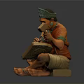 Traditional Man Sitting Crafting Wood with Tool Wearing Green Headdress and Blue Necklace