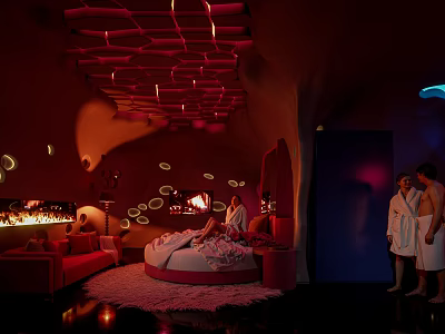 Unique Hotel Room With Red Grid Ceiling Round Bed White Robes And Circular Light Decor 3d model