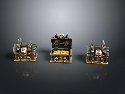 Ornate Metal Treasure Chests Featuring Open Central Chest With Gold Coins 3d model
