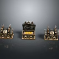 Ornate Metal Treasure Chests Featuring Open Central Chest With Gold Coins