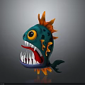 3D Cartoon Fish Character With Green Body Orange Fins Spiky Spines And Sharp Teeth
