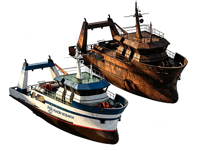 Modern Coastal Ferry Services Ship and Old Rusty Vintage Vessel Exterior View 3d model