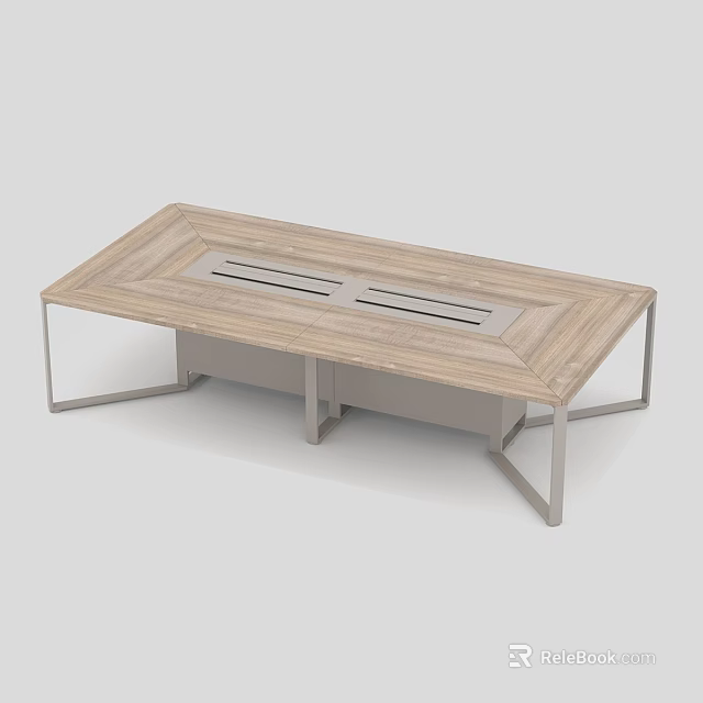 Rectangular Modern Conference Table With Wooden Tabletop Metal Frame And Cable Slots 3d model 