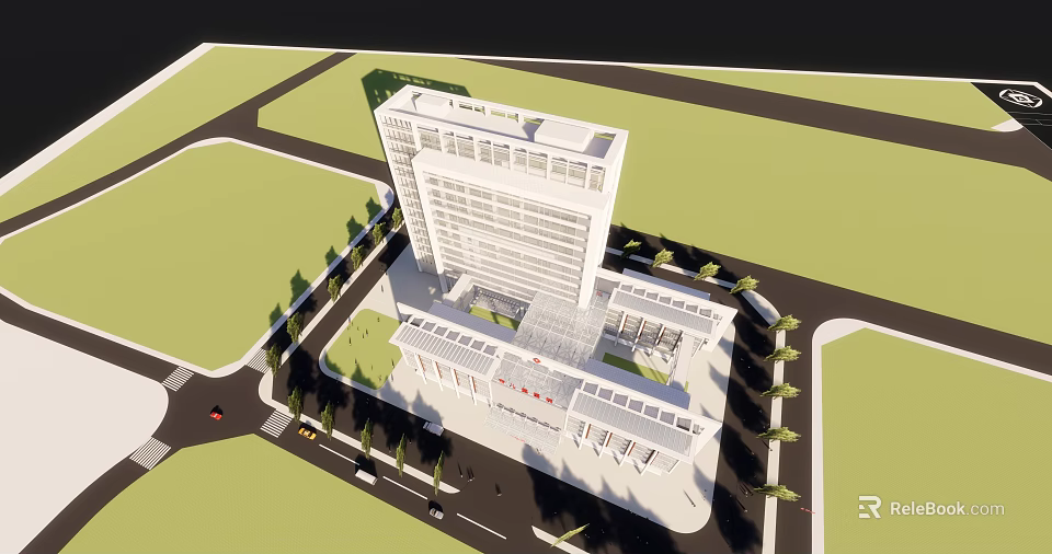 Detailed 3D Model of Modern Hospital Building With Surrounding Roads and Greenery 3d model 