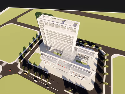 Detailed 3D Model of Modern Hospital Building With Surrounding Roads and Greenery 3d model