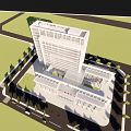 Detailed 3D Model of Modern Hospital Building With Surrounding Roads and Greenery