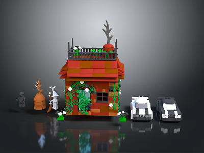 Lego Style Cottage Scene With Red Roof Decorations Mini Figures Hay Bale Plants And Cars 3d model