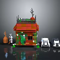 Lego Style Cottage Scene With Red Roof Decorations Mini Figures Hay Bale Plants And Cars