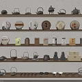 Traditional Tea Sets Collection On Wooden Shelves With Various Elegant Designs