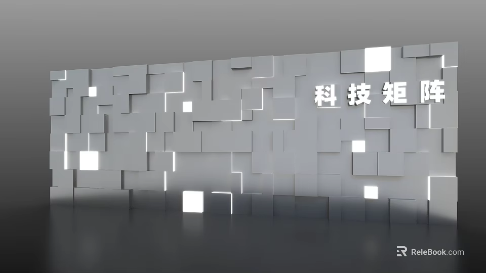 Modern Technology Themed Wall with Geometric Square Design and Illuminated Panels 3d model 