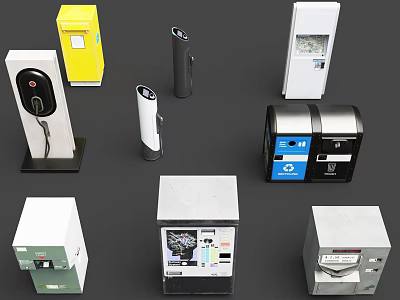 Diverse Urban Public Facility Components With Charging Stations Trash Bins And Info Kiosks 3d model