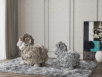 Adorable Sheep Shaped Kids Chairs in Brown and Gray Colors on Soft Living Room Carpet 3d model