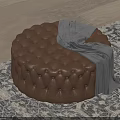 Round Brown Leather Tufted Ottoman With Gray Blanket On Patterned Rug 3d model