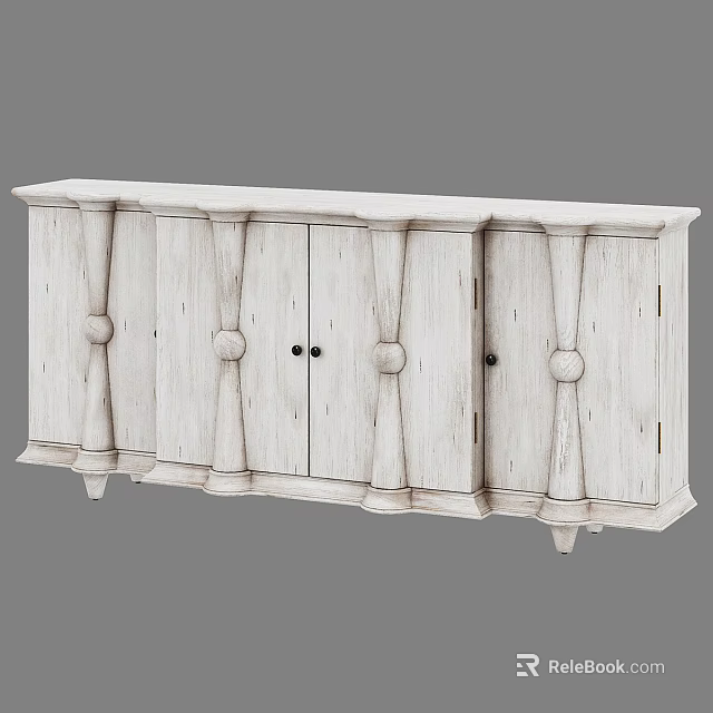 White Rustic Wooden Console Cabinet With Decorative Columns For Entryway 3d model