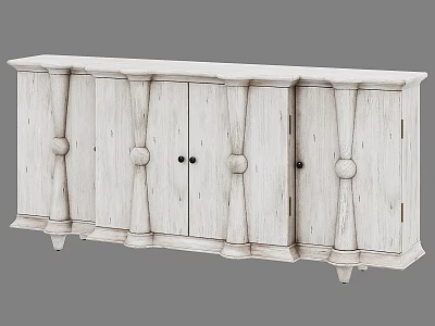 White Rustic Wooden Console Cabinet With Decorative Columns For Entryway 3d model