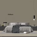 Modern Minimalist Double Bed With Pillows Blanket Nightstands And Hanging Pendant Light