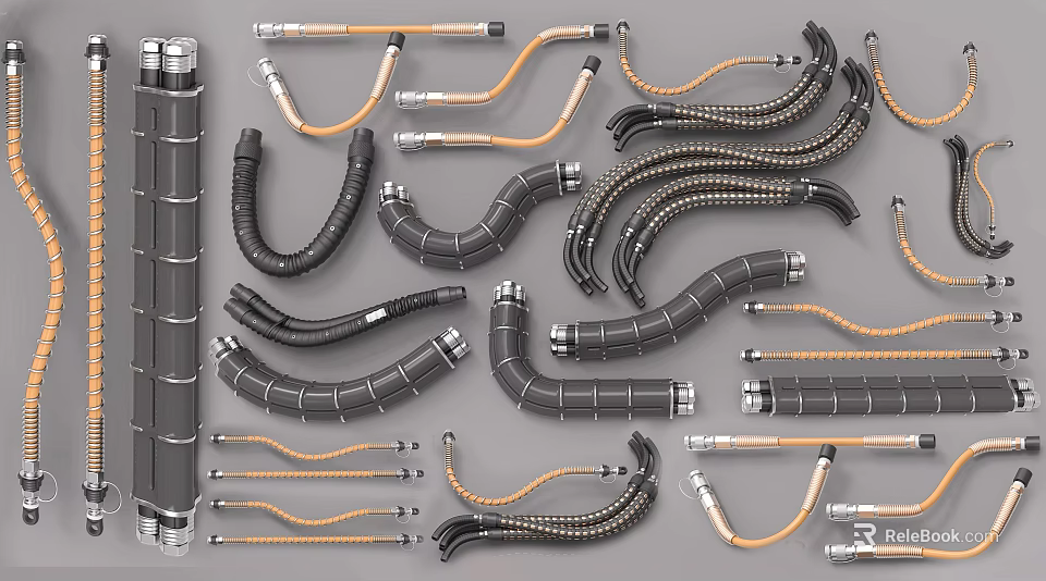 Industrial Flexible Pipes And Hoses With Black Orange Color And Metal Fittings 3d model 