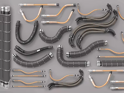 Industrial Flexible Pipes And Hoses With Black Orange Color And Metal Fittings 3d model