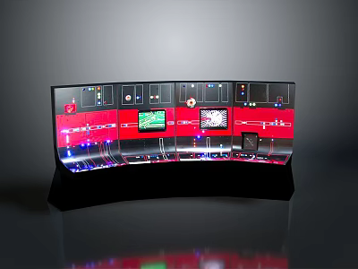 Modern Curved Multi Screen Control Center With Red Background Display Panels And Buttons 3d model