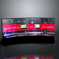Modern Curved Multi Screen Control Center With Red Background Display Panels And Buttons