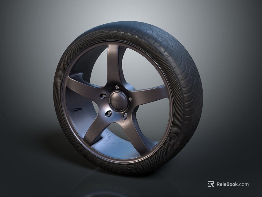 Modern Car Tire With Metallic Wheel Rim And Five Spoke Glossy Design Finish 3d model 