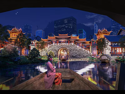 Ancient Chinese Architecture at Night With Modern City Backdrop Bridge Water Reflections Traditional Costume Illumination 3d model