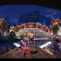 Ancient Chinese Architecture at Night With Modern City Backdrop Bridge Water Reflections Traditional Costume Illumination