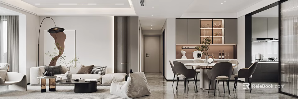 Modern Living Dining Room Interior With Sofa Dining Table And Chairs 3d model