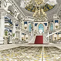 Grand Banquet Hall Interior With Chandelier White Columns Red Carpet And Fountain