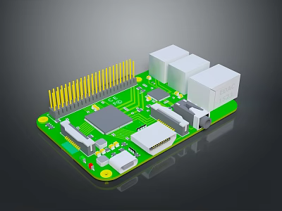 Green Computer Circuit Board With Microchip Yellow Pins Electronic Ports And Components 3d model