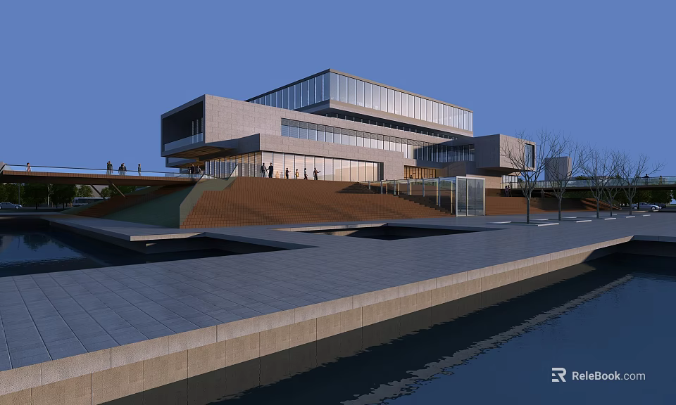 Modern Office Building Featuring Glass Curtain Walls Stone Facade Terrace Plaza and Waterfront Walkway 3d model 