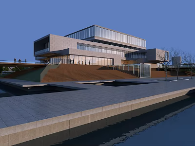 Modern Office Building Featuring Glass Curtain Walls Stone Facade Terrace Plaza and Waterfront Walkway 3d model
