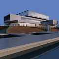 Modern Office Building Featuring Glass Curtain Walls Stone Facade Terrace Plaza and Waterfront Walkway