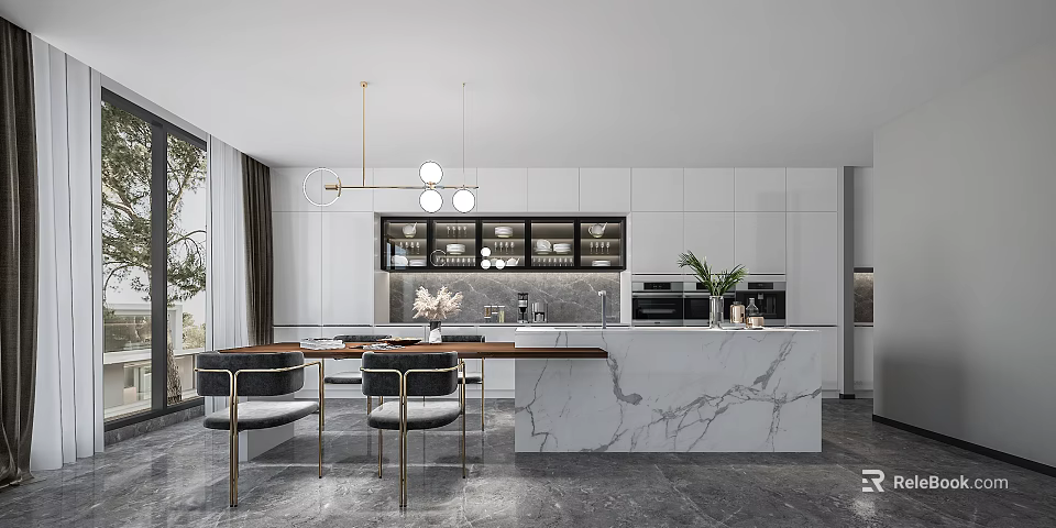 Elegant Modern Restaurant Interior Design With Marble Dining Table Chairs And Pendant Lights 3d model 